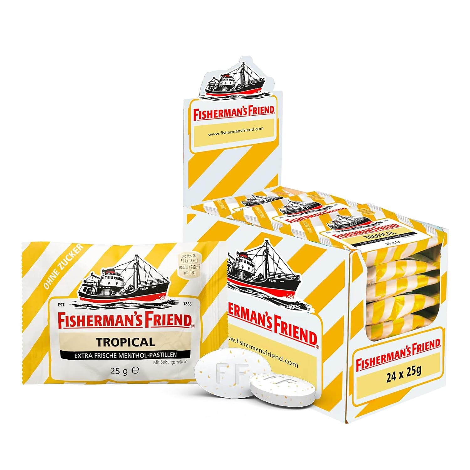 Fisherman's Friend Store Fisherman\'s Friend Tropical, 24-piece storage box, exclusive variety: pineapple, melon, guava flavor, sugar-free, vegan, sweets for fresh breath, 24 x 25 g