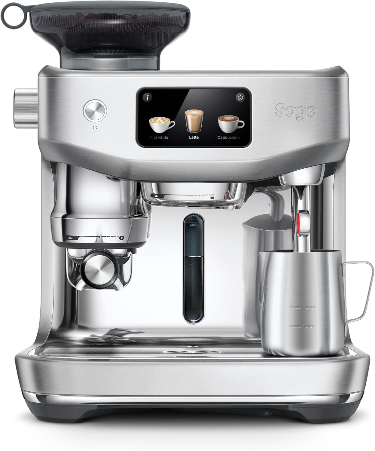 Sage - The Oracle Jet - Portafilter Machine, Espresso Machine with Integrated Grinder - Manual & Automatic Milk Frother - 1600W - 14 Presets, Includes Knock Box - Stainless Steel
