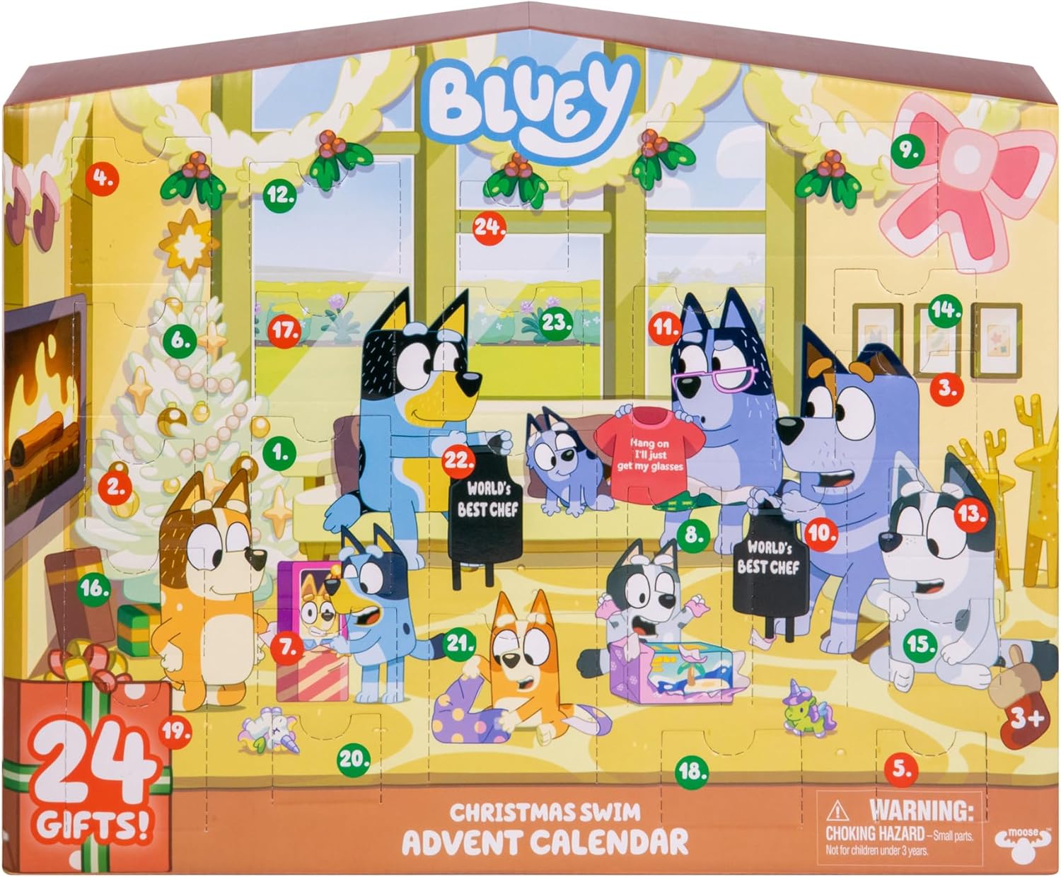 BlueY Christmas at the Heelers: Blueys Advent Calendar, Christmas Pack behind 24 Doors, 24 Surprises, Unveil 3 Bath Christmas Figures, 18 Accessories and 3 Stickers