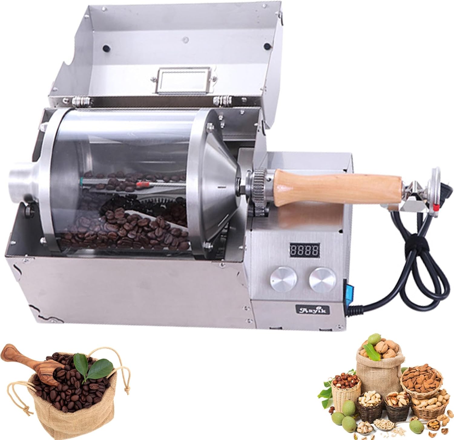 1200 W Coffee Roaster for Home Use, 500 g Electric Coffee Roaster with Thermometer, Quartz Glass Drum, Adjustable Temperature + Speed, for Baking