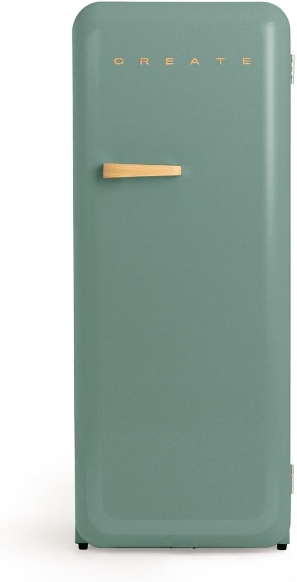 CREATE Retro Friend 150 Wood Fridge Freezer 281 L in Sage Green, Wood Handle / 102 W, Low Energy Consumption, 150 cm, 3 Shelves, Temperature Control, 60 x 60 x 150 cm