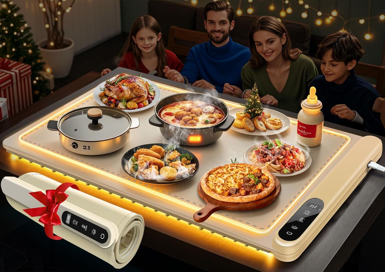KingSom Electric Warming Plate with Light, Foldable Food Warmer, Adjustable Temperature 50-100°C & 1-6H Timer, Foldable Silicone & Quick Heating, Heating Plate Food for Buffet, Family Celebrations