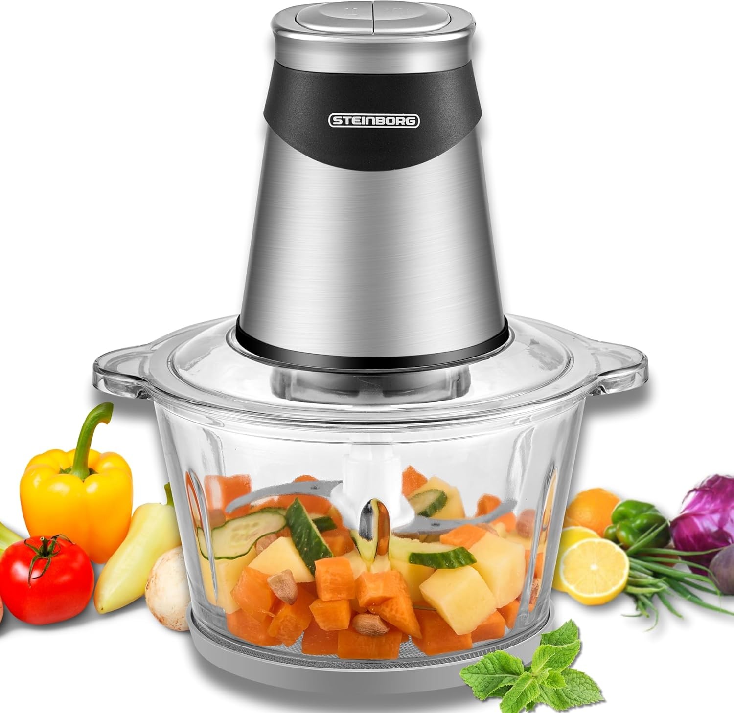Steinborg Electric Extra Strong Multi Chopper 500 W 1.8 L Electric Universal Chopper with Glass Container Universal Food Processor Mixer for Baby Food Nuts Vegetables Fruit Meat