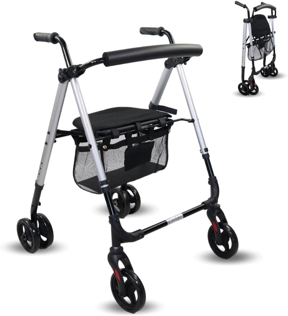Mobiclinic, Rollator, Foldable, Lightweight, XXL Seat and Basket, Stick Holder, Height Adjustable, Made of Aluminum, European Brand, Pressure Brakes, Dehesa, Solid Rubber Tires, Pearl Blue