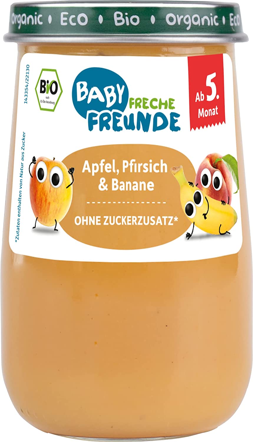 BABY FRECHE FREUNDE Bio Gläschen Apfel, Pfirsich & Banane, für Babys ab 5 Monaten, ohne Zucker- und Salzzusatz, vegan, 6er Pack (6x190g)