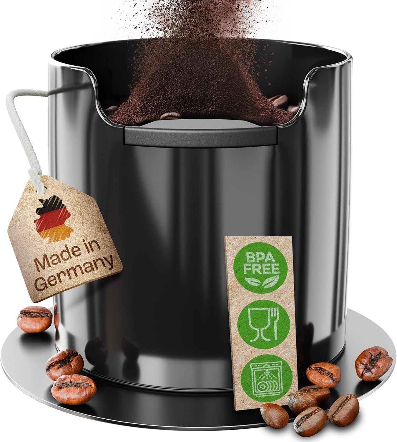 - Homeffect® knock box with improved handling, German innovation, tea container for sieve carrier machines, knock box, black, Barista accessories for collecting and recycling coffee grounds., Black