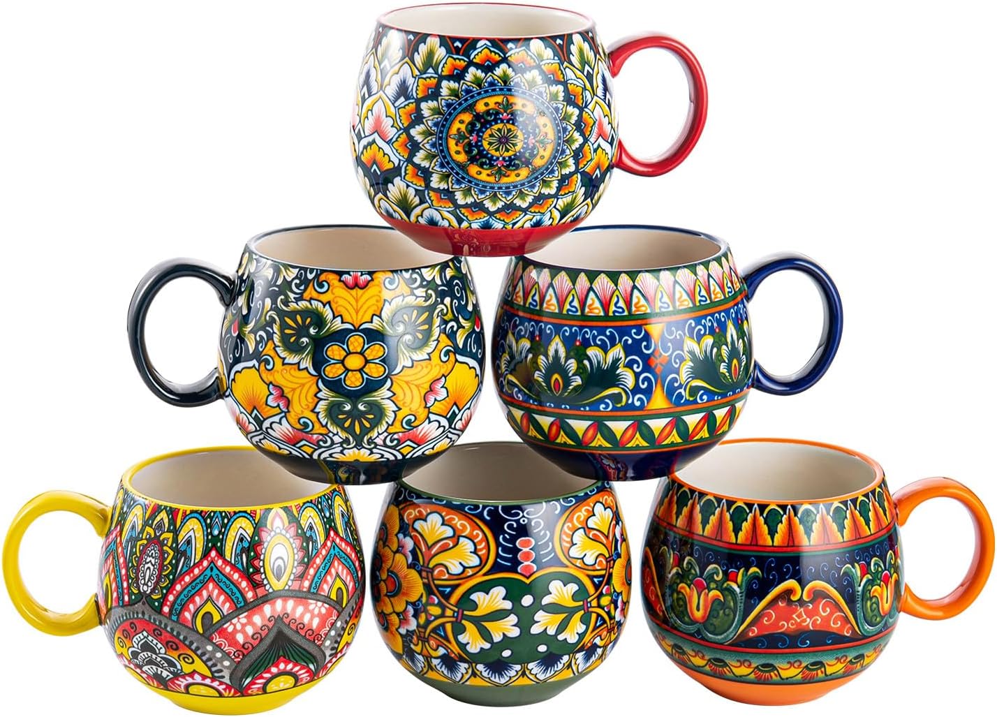 Porcelain Mug Set, Ceramic Cappuccino Cups/Mug Set - 600 ml, Crockery Cup Mug for 6 People, Coffee Mug Set - Bohemian Style