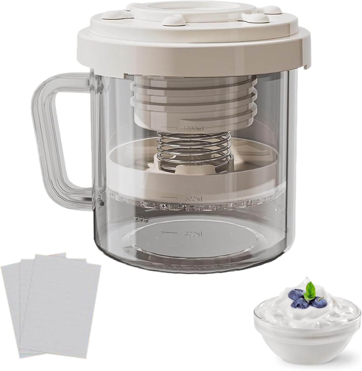 Greek Yoghurt Strainer, Pu-Sh-Type Yogurt Strainer, Yoghurt Strainer with Filter Bag, Handle and Lid, for Thick Greek, Milk