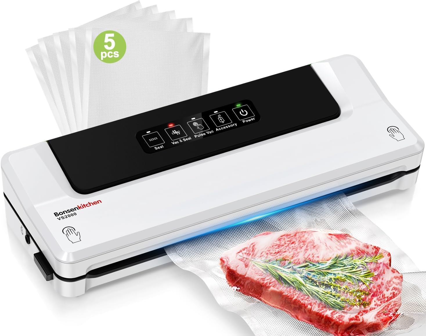 Bonsenkitchen Vacuum Sealer Vacuum Sealer for Continuous Working at High Speed ​​Food Film Sealer with 40 Vacuum Sealer Bags and Hose (White)