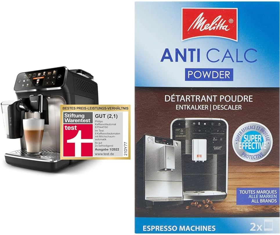 Philips Domestic Appliances Philips Series 5400 Coffee Making Machy - Lattego Milk System & Melitta 178582 Deskalker Coffee Machine ANTICATIONATIONS Anti Calc Espresso 2 powder bags each 40g (2x 40g), packaging can vary