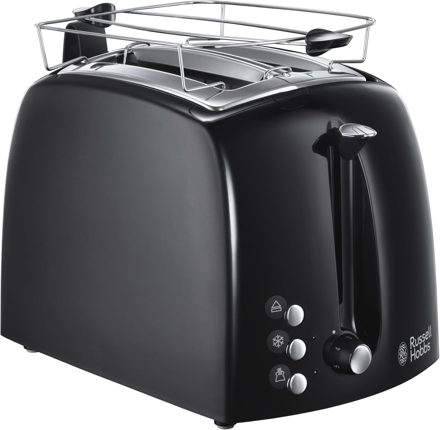 Russell Hobbs Toaster Textures +, 2 extra wide toast slots, bun attachment & integrated toast tongs, 6 adjustable browning levels + defrosting and reheating function, 850W, black toaster 22601-56