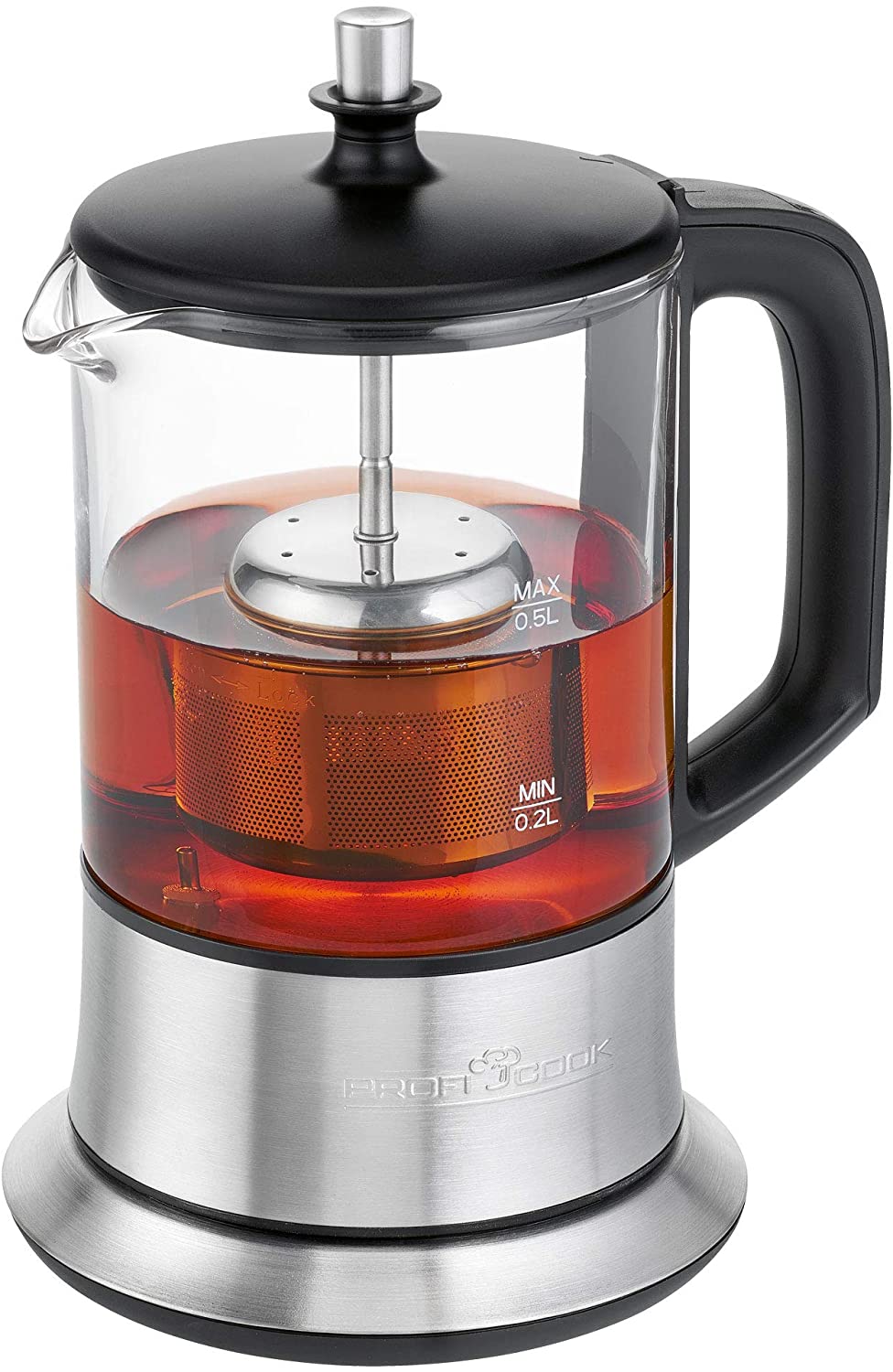 Profi Cook ProfiCook 501165 PC-TK 1165, 2-in-1 Tea and Kettle, Permanent Stainless Steel Tea Filter (Lifting and Recessing), 0.5 L Capacity, Keep Warm Function, Glass/Stainless Steel Housing, Black/Silver