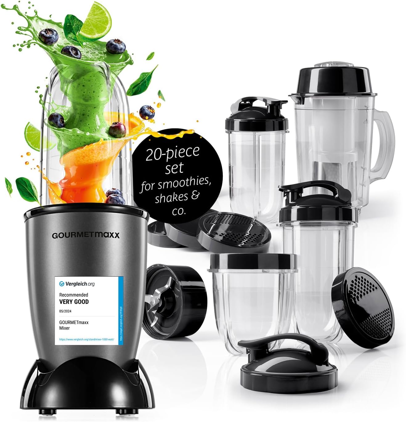 GOURMETmaxx Mr. Magic Power Pro Blender 400 Watt Smoothie Maker with To-Go Lid Stand Mixer with Mixing Cup and Keeping Lid for Storage, Blender with Accessory Set XL for Shakes, Smoothies etc.