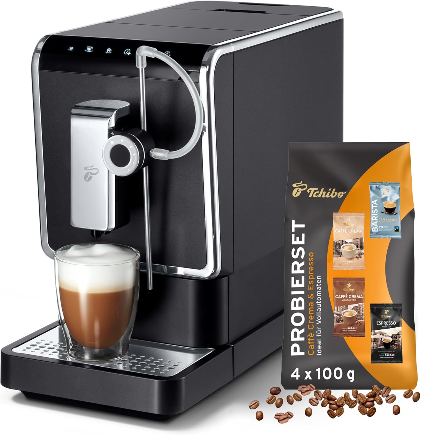 Tchibo Esperto Pro Fully Automatic Coffee Machine with One Touch Function for Caffè Crema, Espresso and Milk Specialties, Anthracite - Includes Free Coffee Tasting Set