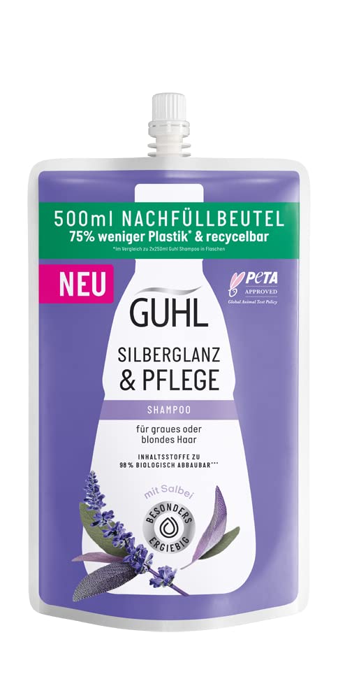 Guhl Silberglanz & Care Refill Bag 500 ml - Shampoo - Anti-Yellow Tint - Hair Type: Grey, Blonde, Bleached - Sufficient for Refilling 2 Guhl Bottles, ‎purple