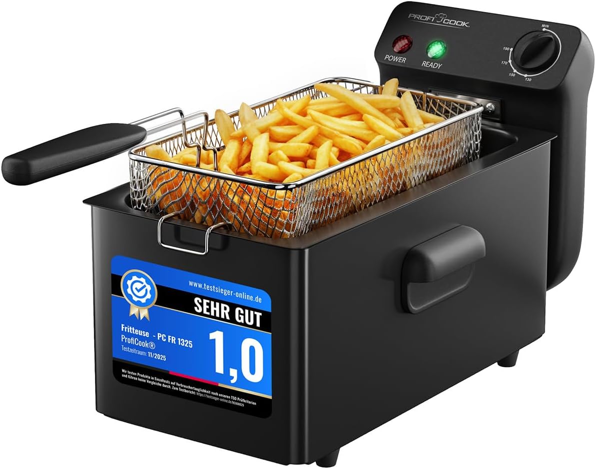 ProfiCook Fryer with Grease | 130-190°C | Fryer with Oil | 2000W | 3L | Dishwasher Safe Parts | Splash Guard Lid | Cold Zone Fryer | Completely Dismountable | PC FR 1325
