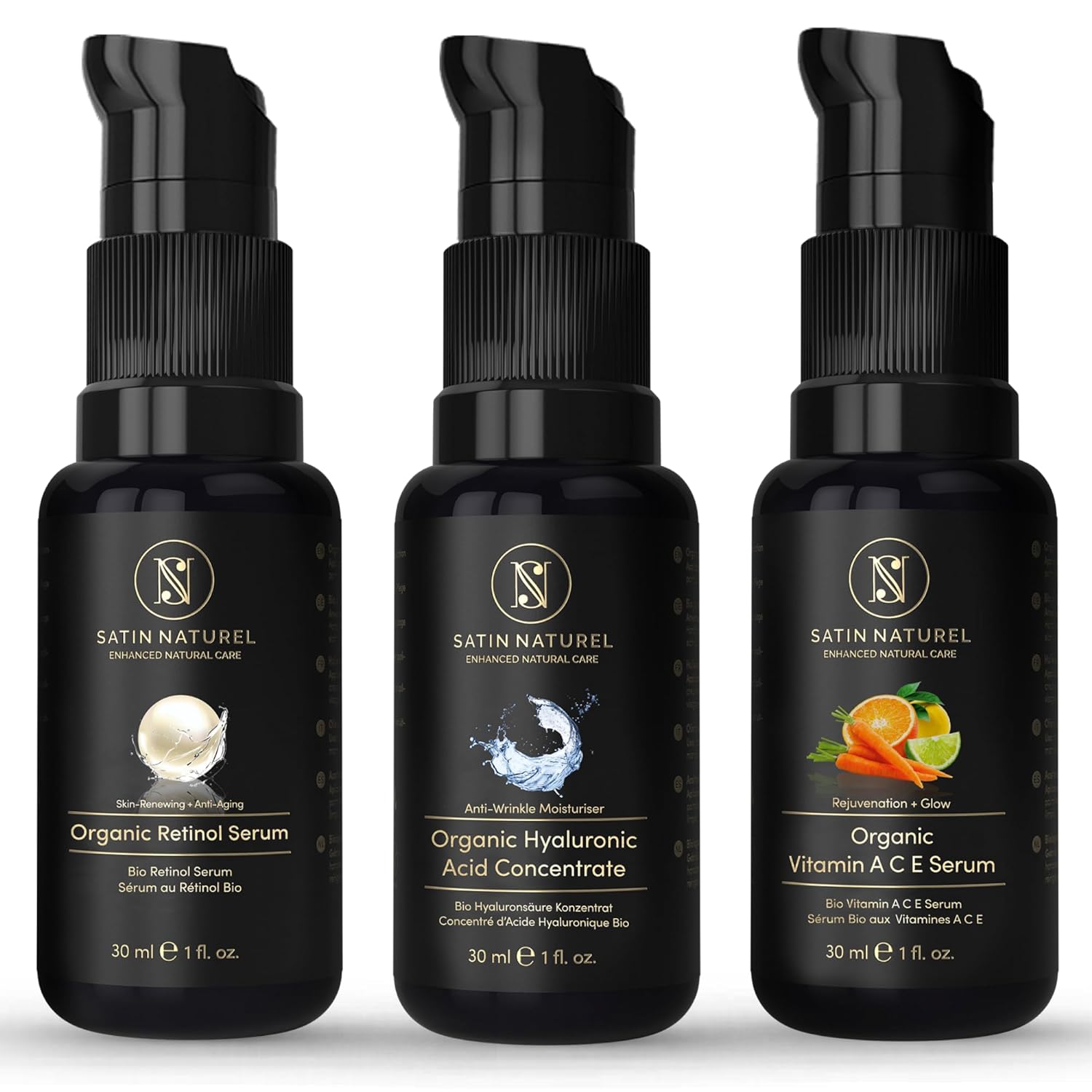 SatinNaturel Organic Beauty Set - Hyaluronic Serum High Dose + Vitamin C Serum + Retinol Serum 3 x 30 ml, Anti-Wrinkle + Anti Pimples + Moisturising Skin Care - Skincare Set - Gifts for Women Cosmetics
