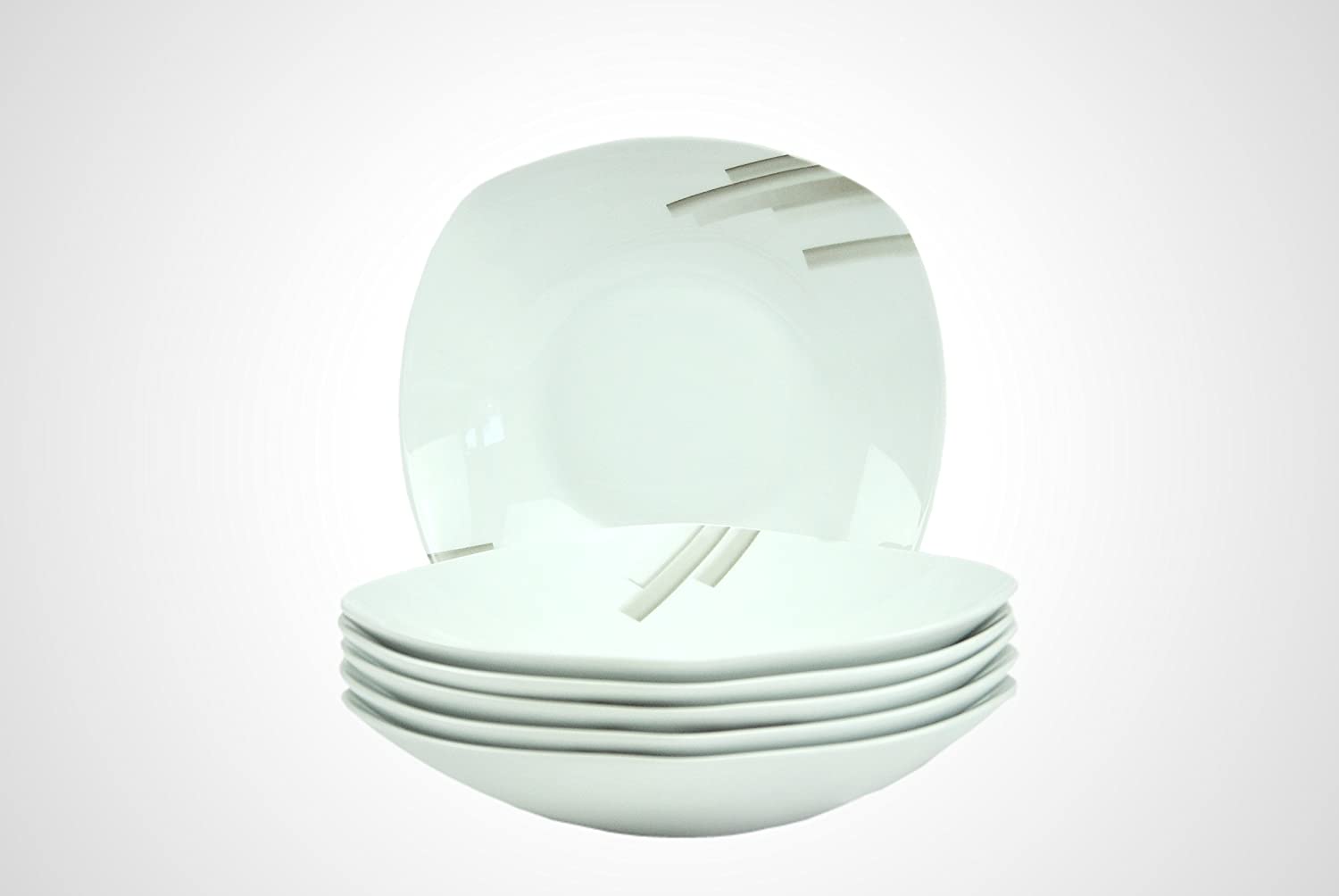 Van Well Set of 6 Nevada Soup Plates, Dinner Plates, 450 ml, 215 x 215 mm, Salad Plate, Serving Bowl, Porcelain Crockery, Abstract Decor, Stripes, Gastro