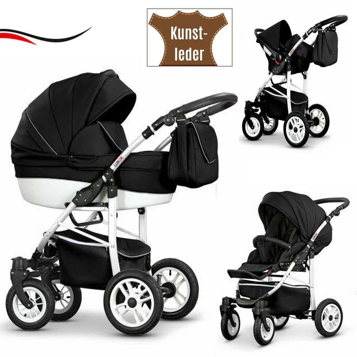 dein_babyladen 16-Piece Quality Travel System 3-in-1 \"Cosmo-Eco\" - Faux Leather: Pushchair + Buggy + Car Seat + Swivel Wheels - Mega Equipment - All Inclusive Package in 37 Great Colours