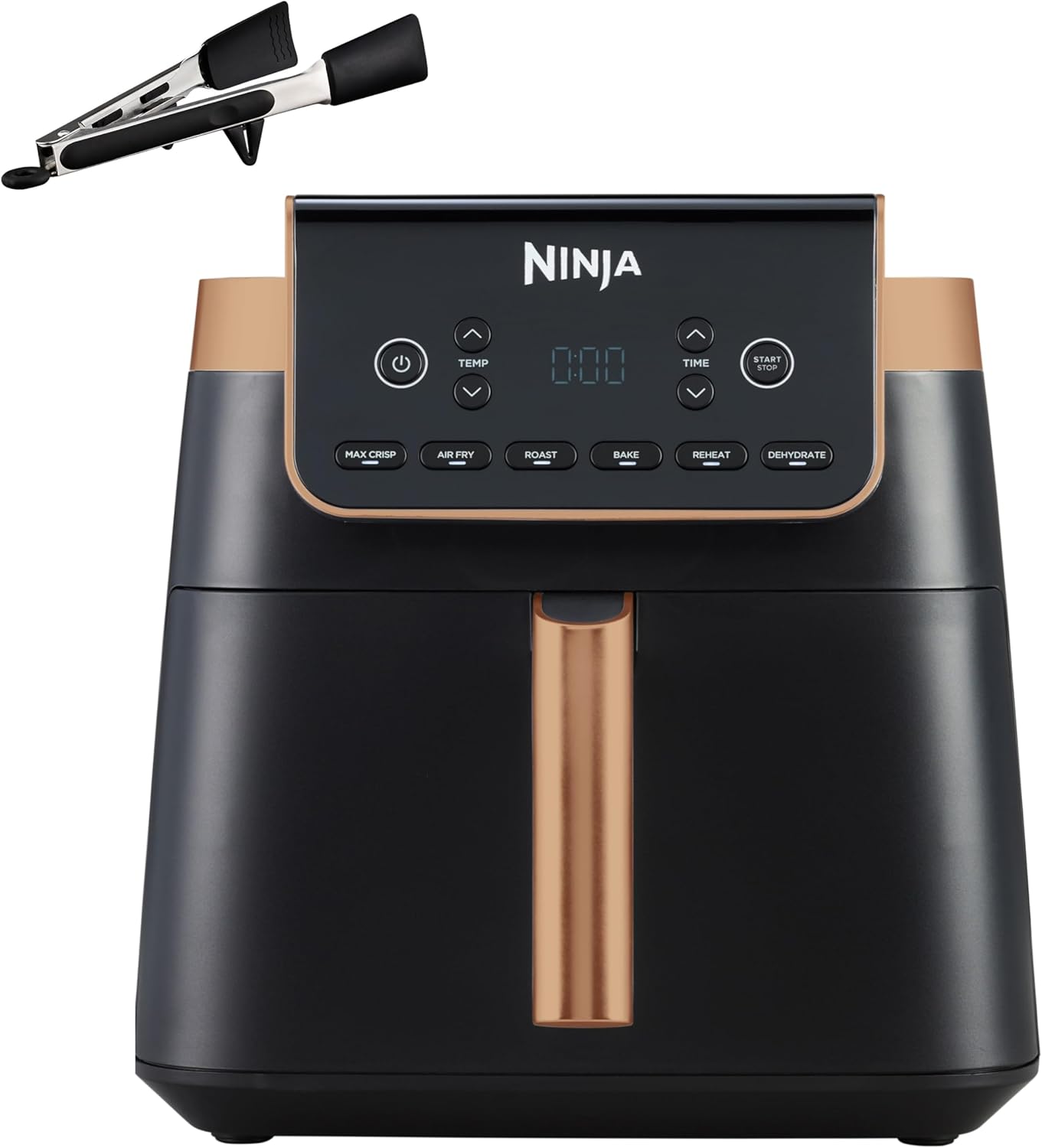 Ninja MAX PRO Hot Air Fryer, 6.2 L, Oil-Free, Large Drawer, Roasting, Baking, Air Fry, Non-Stick Coating, Dishwasher Safe Basket & Crisper Grid Insert, Silicone Tongs, Black/Copper, AF180EUCP