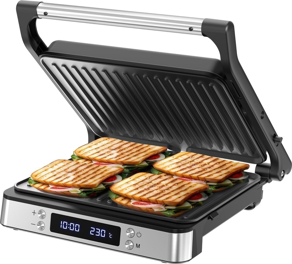 Olvy XXL Sandwich Maker, Digital Contact Grill with Non-Stick Plates, 3-in-1 Panini Maker, 180° Open Grill, Adjustable Temperature, Timer, Large Cooking Surface, Cool-Touch Handle, PFAS-Free Coating