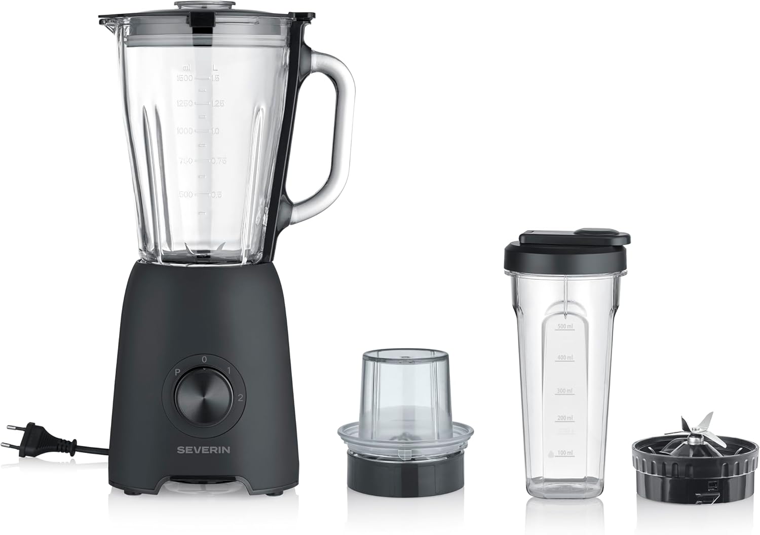 SEVERIN Store Severin SM 3724 Blender Electric Smoothie Maker, 1.5 L, 2 Levels, Impulse Function, Dishwasher-Safe Parts, Stainless Steel Knife, Includes To-Go Container and Grinder Attachment, 600 W, Black,