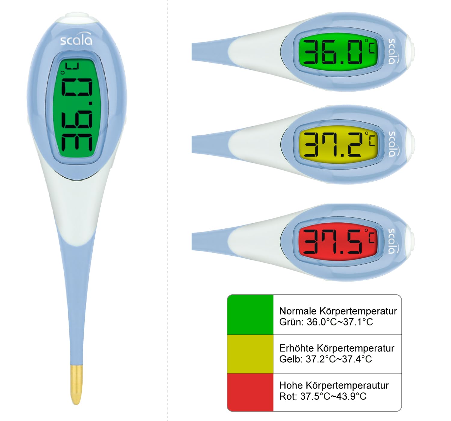 scala Store scala SC 2050 Digital Fever Thermometer - Large Luminous LCD with Color Alarm (Green/Yellow/Red) - Flexible Nickel-Free Tip, Waterproof, Battery Changeable for Baby, Children, Adults