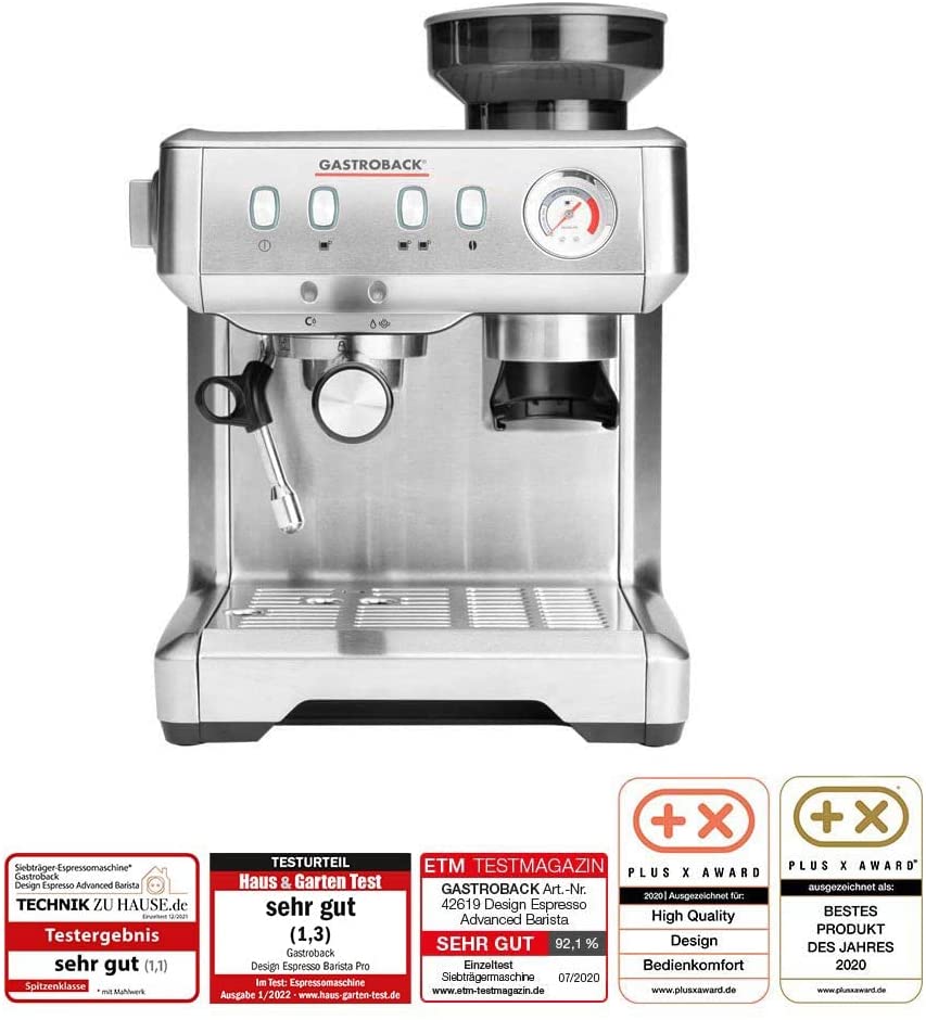 Gastroback 42619 Design Espresso Advanced Barista Programmable Portafilter Espresso Machine with Conical Grinder and Professional Italian ULKA Espresso Pump 15 bar Stainless Steel Colours