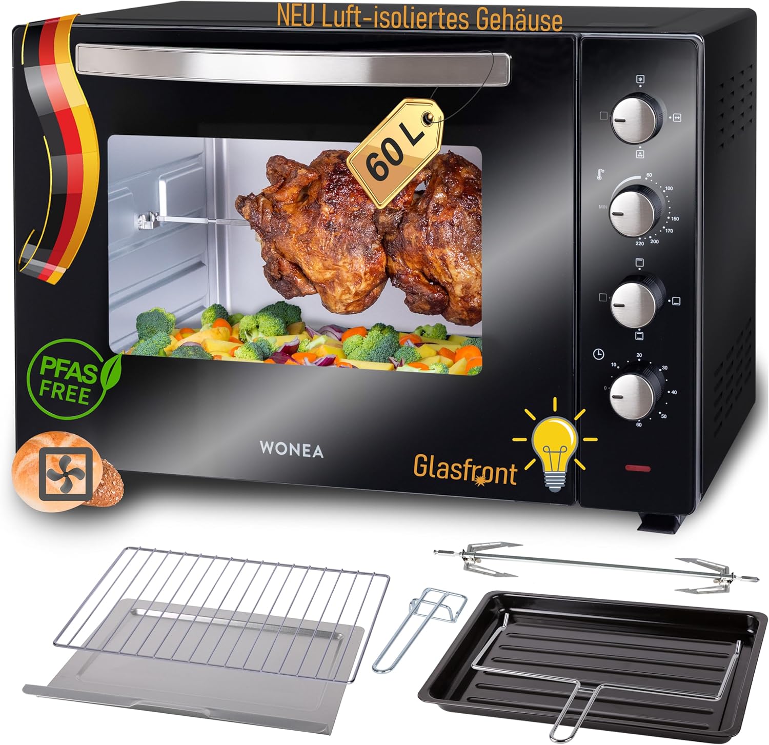 WONEA Mini Oven 60 Liters 2000 Watt Mini Oven with Convection Air, Mini Oven with Air-Insulated Housing, Crumb Tray, XXL Mini Oven with Rotisserie Skewer, Mini Oven with Light, Pizza Oven, Oven for Camping