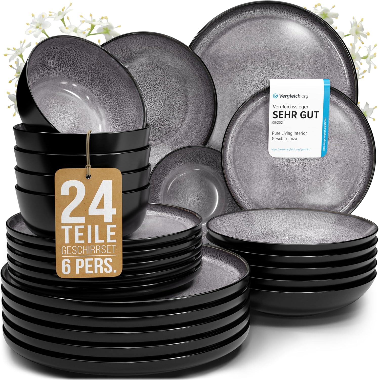 Pure Living Ibiza Stoneware Crockery Set for 6 People, 24-Piece Mediterranean Crockery Set, ‘Very Good’ in Test, Bowl and Plate Set, Dinner Service for 6 People, Grey
