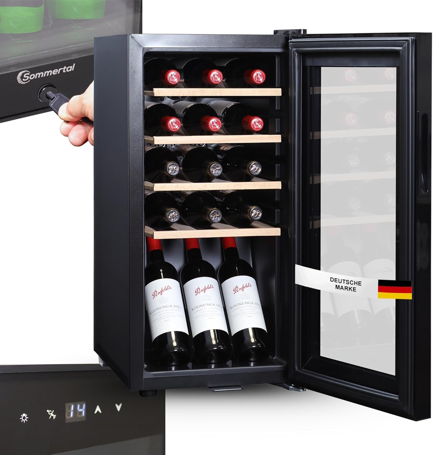 Sommertal WK 50 Wine Refrigerator - 15 Bottles, 5-20°C Adjustable, Lockable, LED Lighting, Glass Door, Touch Screen, 4 Wooden Shelves, Quiet & Energy Saving, UV Protection Glazing