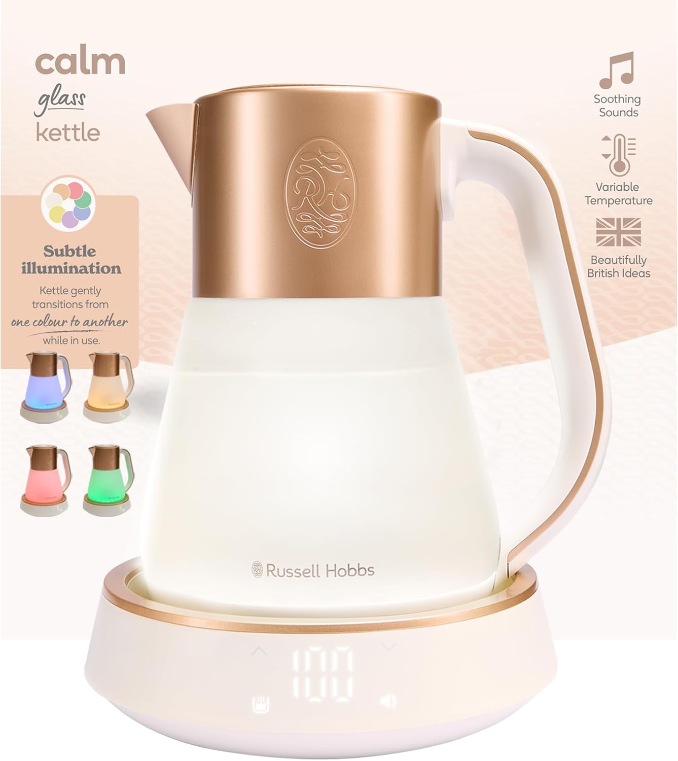 Russell Hobbs Kettle Glass [1.7 L, Temperature Setting 40-100°] Calm (LED Lighting, Soothing Sounds, Quiet Cooking Technology, Keep Warm Function, Digital Display, Touch Control, 2400W) 27450-70