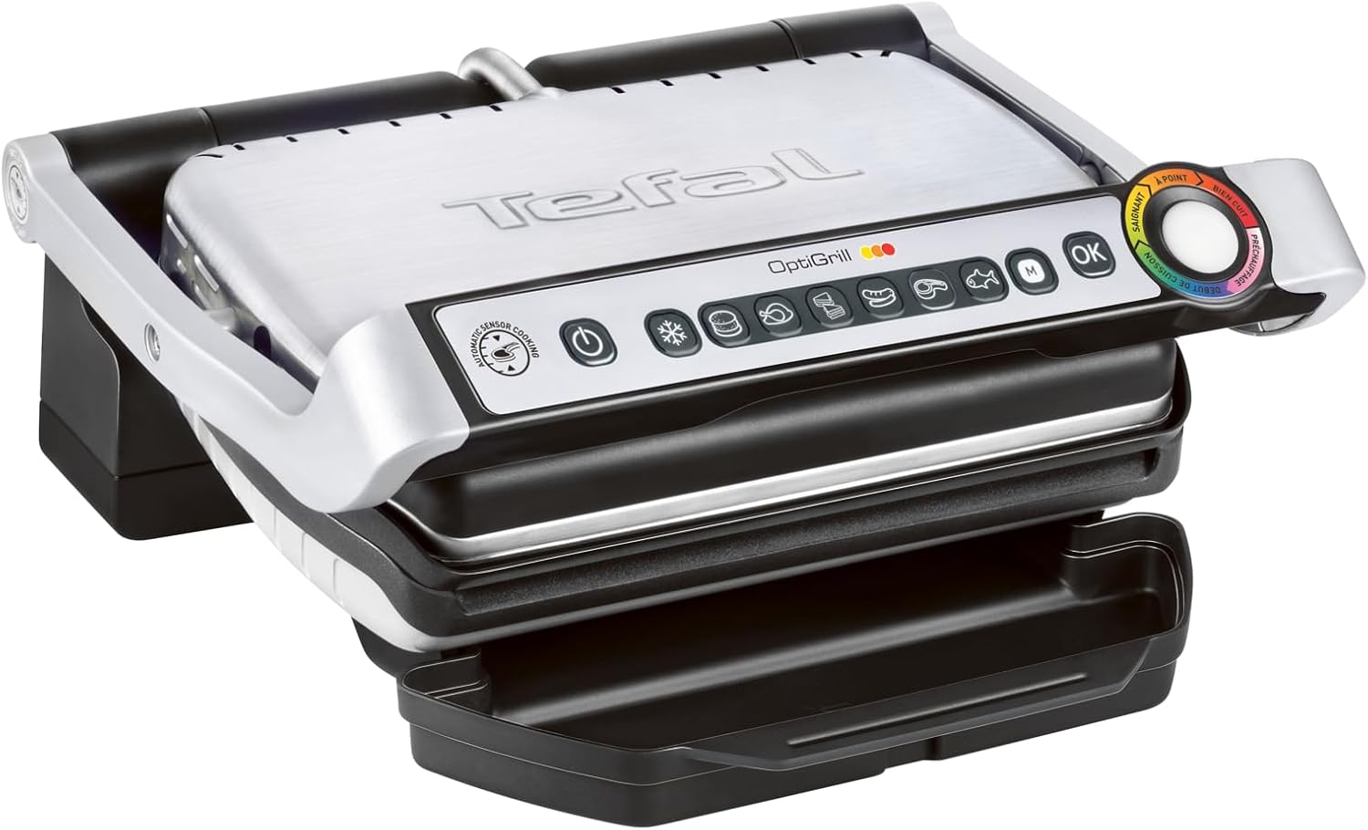 Tefal OptiGrill Contact Grill, 6 Programs, Cooking Level Display, Removable Plates, Manual Mode, Electric Grill, Stainless Steel, GC705D16