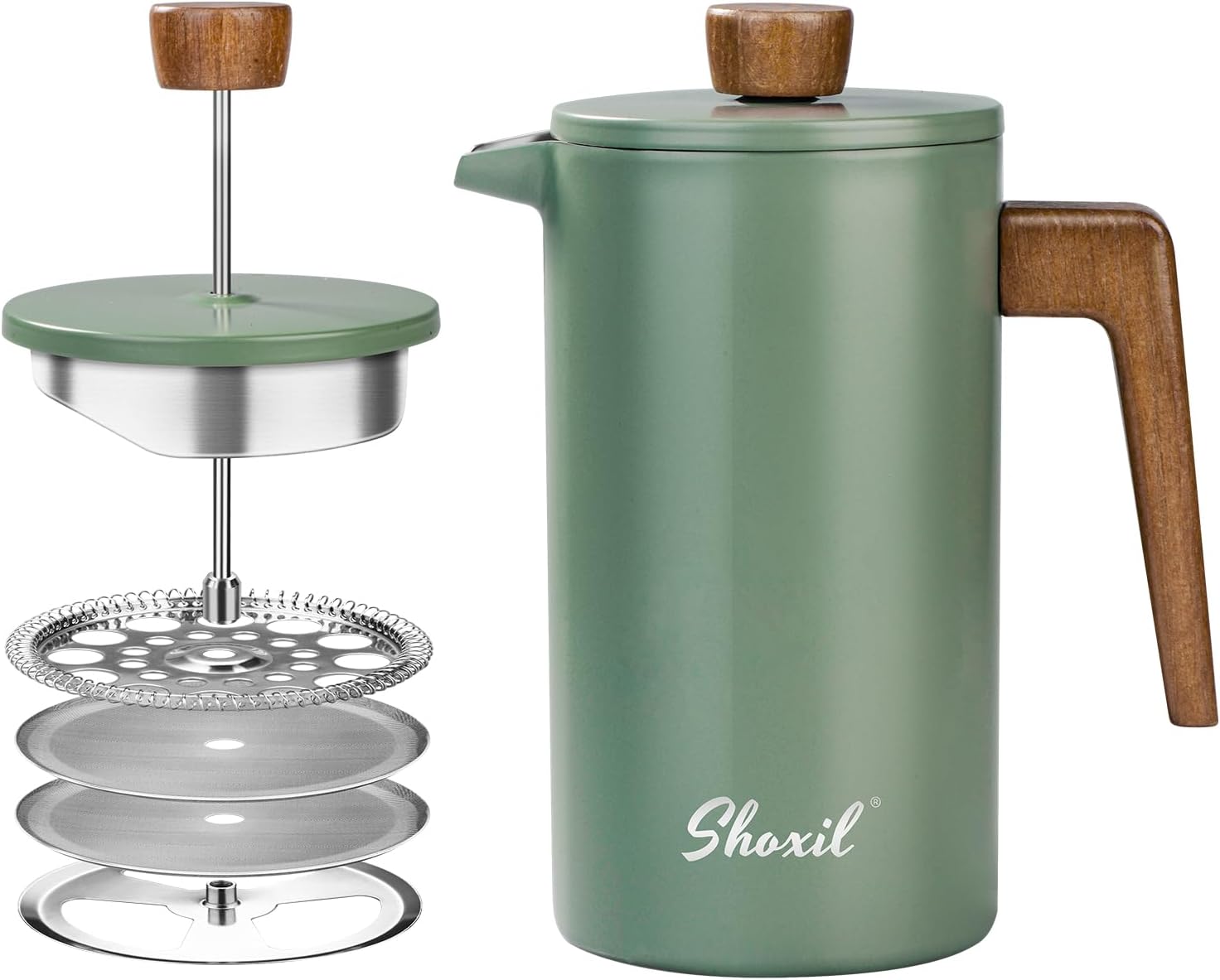 French Press Thermal Coffee Maker 1 Litre/8 Cup Stainless Steel Green Real Wood Double Walled Insulated French Press with Double Filter Strainer Perfect for Camping and Kitchen