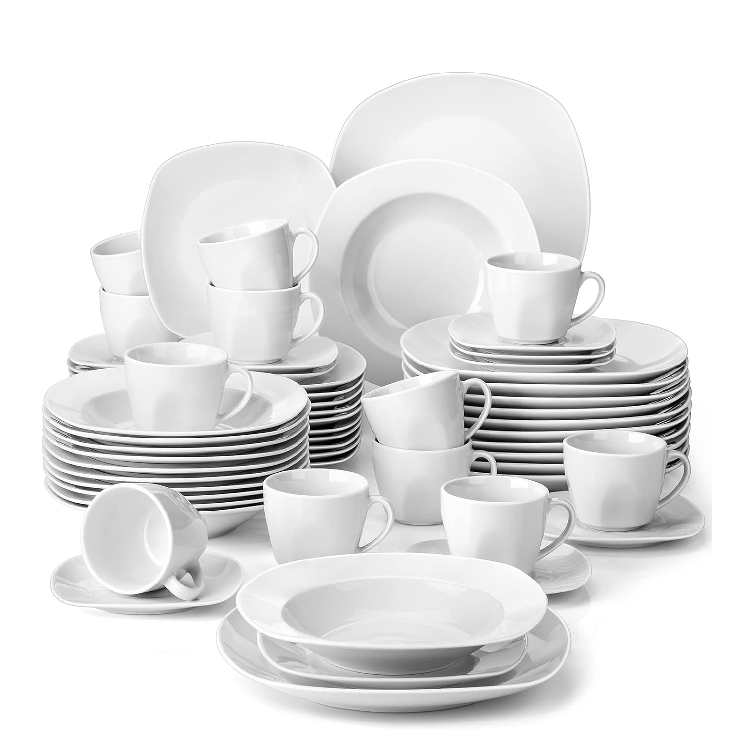 MALACASA, Elisa Series, 60-Piece Porcelain Dinner Set with 12 Coffee Cups, 12 Saucers, 12 Dessert Plates, 12 Soup Plates and 12 Dinner Plates for 12 People, Gray White