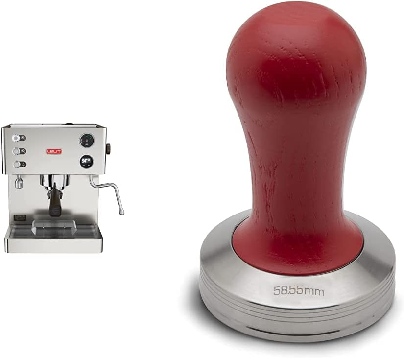 Lelit Pl92t Elizabeth Professional Boiler Coffee Machine with Lcc to Guide All Parameters, Stainless Steel, 2.5 Litres, Silver & Pla481r Lelit58 Coffee Tamper, Stainless Steel, Red Wooden
