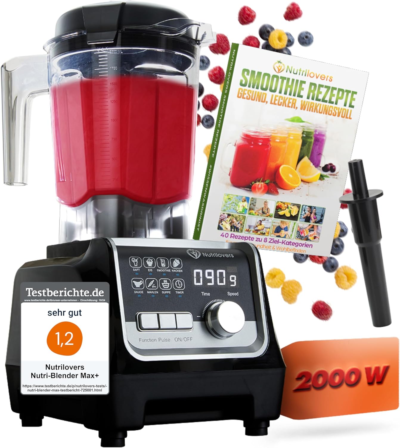 Nutri Blender Max+ High Performance Blender 2000 W Stand Mixer Smoothie High Performance Smoothie Maker Professional Mixer Blender - 2L Tritan, BPA-Free, 9 Levels, Digital Timer Includes Smoothie Recipe Book