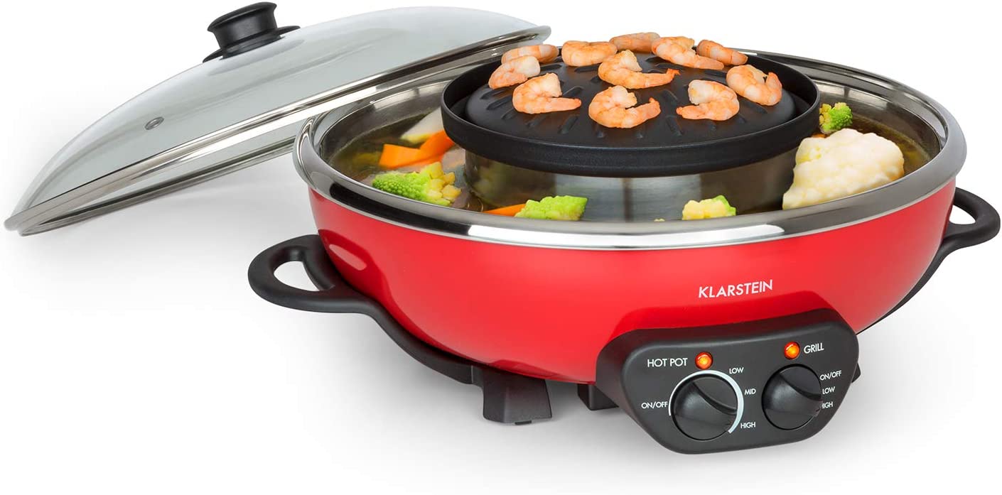 Klarstein Szechuan - Hot Pot and Grill Plate, Volume: 5 litres, hot pot: 1350 Watt / 38 cm diameter, grill plate: 600 Watt / 22 cm diameter, aluminium heating element, separately adjustable heating circuits.