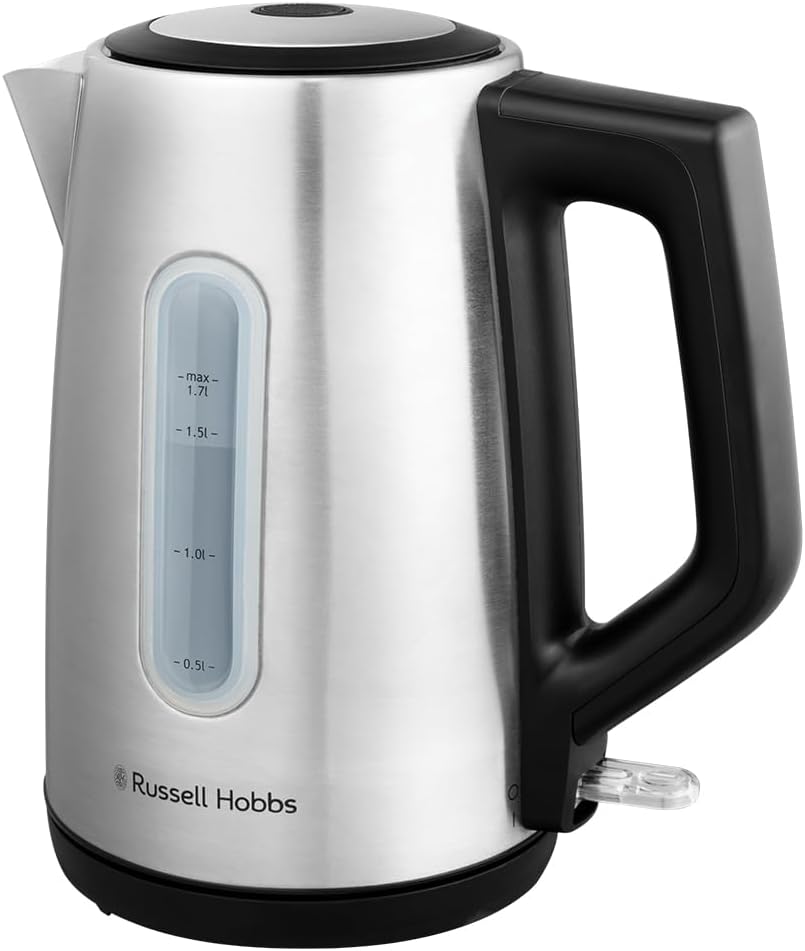 Russell Hobbs Heaton 27380-70 Kettle (for Hot Water, Tea or Coffee, 1.7 L Capacity, Stainless Steel, Perfect Pour Spout, Removable and Washable Limescale Filter, Blue Luminous Display, 2400 W)