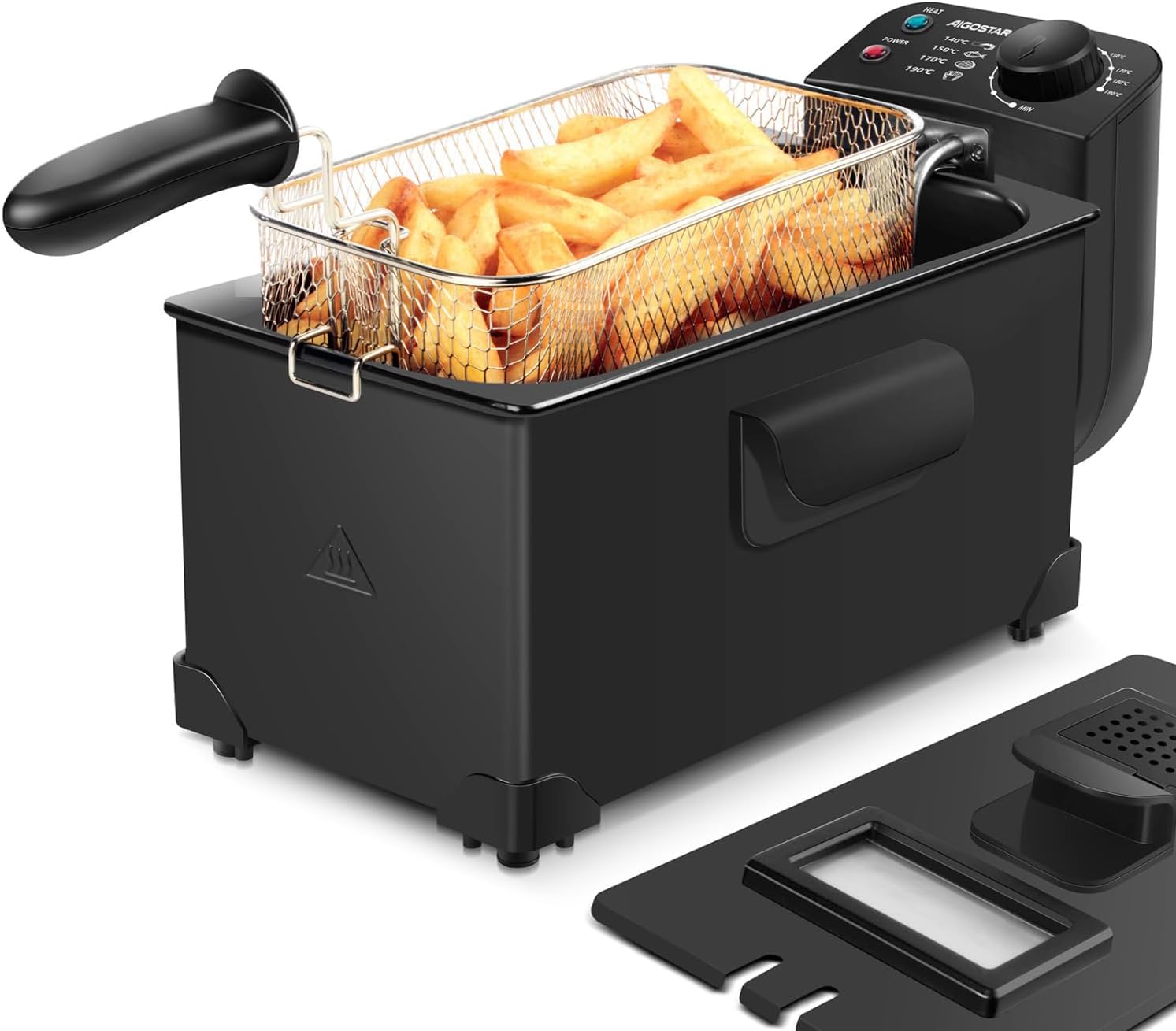 Aigostar Slater Fryer with Oil 3L, 2200 W Deep Fryer with Fat Dust Cover Including Viewing Window, Continuous Temperature Control up to 190 °C, Removable Parts, Easy to Clean, Crispy Chips