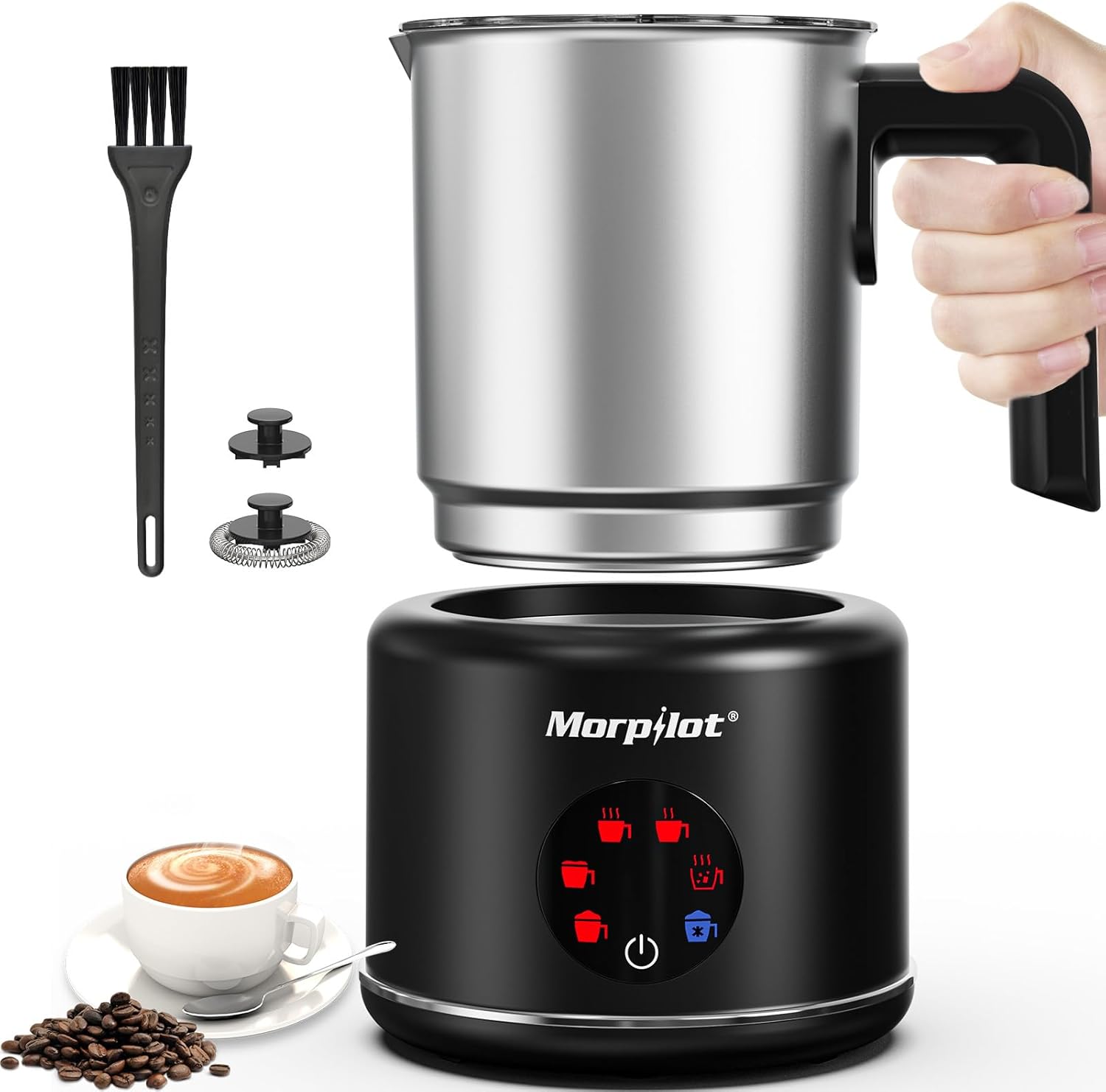 Morpilot Electric Milk Frother, 6-in-1 Milk Frother for Hot, Cold and Hot Chocolate, 130-500 ml, 600 W, Non-Stick Coating, Latte Design, Dishwasher Safe, Stainless Steel, Black