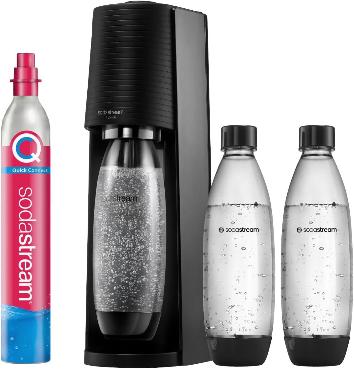 SodaStream TERRA Promopack Water Carbonator with CO2 Cylinder and 3 x 1 L Dishwasher-Safe Plastic Bottles, Height 44 cm, Black