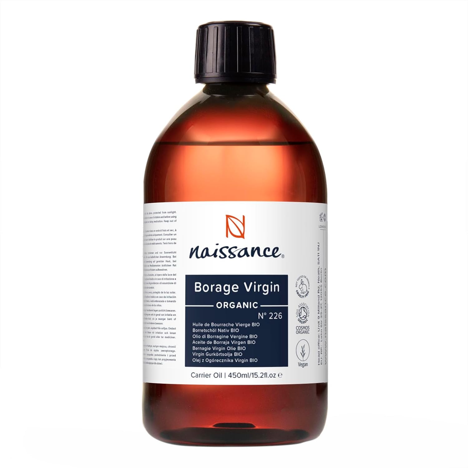 Naissance Organic Borage Oil (No. 226) – 450 ml – Natural Pure, Cold Pressed Borage Oil for Skin, Hair, Body, Face
