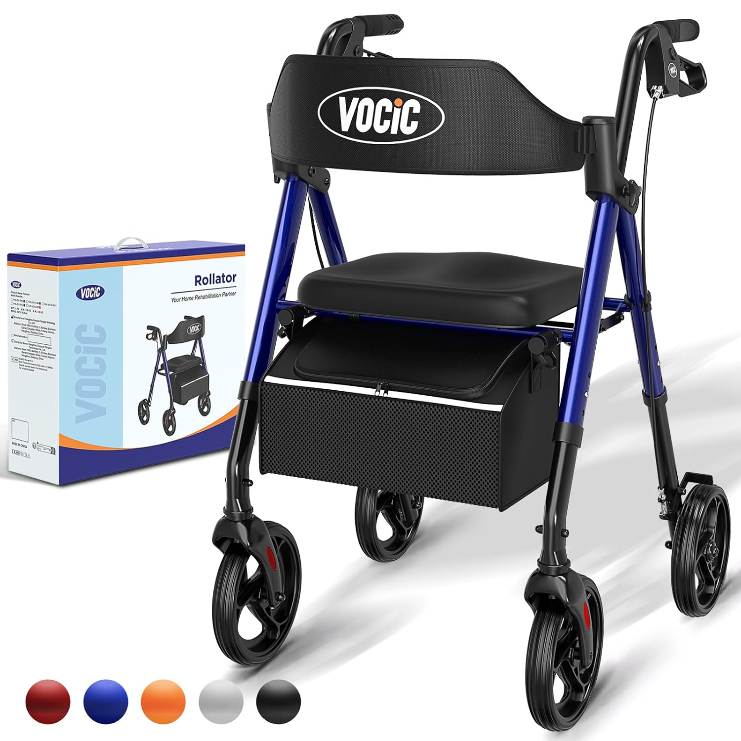 VOCIC Store VOCIC Foldable and Lightweight Rollator with Sit, Narrow Rollators for Home, Rollators for Seniors, Foldable with 20 cm Tyres for All Terrain, Seat and Handle Height Adjustable, 5 Years Support, Sapphire Blue