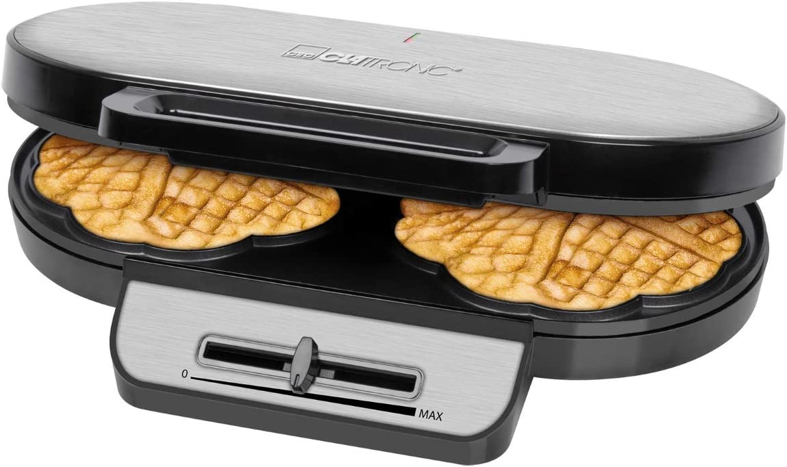 Clatronic WA 3745 Double Stainless Steel Waffle Iron with Baking Basket for 2 Heart Waffles, Waffle Iron Heart-Shaped Double Waffle Iron Heart Waffle Maker, Perfect for Children\'s Birthday