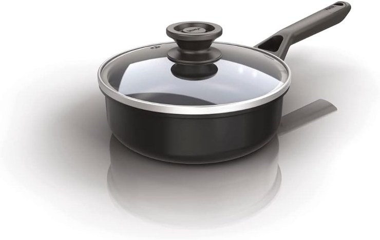Ninja ZEROSTICK Classic Cookware 16 cm Saucepan, Non-Stick Durable Aluminum Pot, Induction Compatible, Oven Safe up to 180°C, Glass Lid, Black CW50216UK