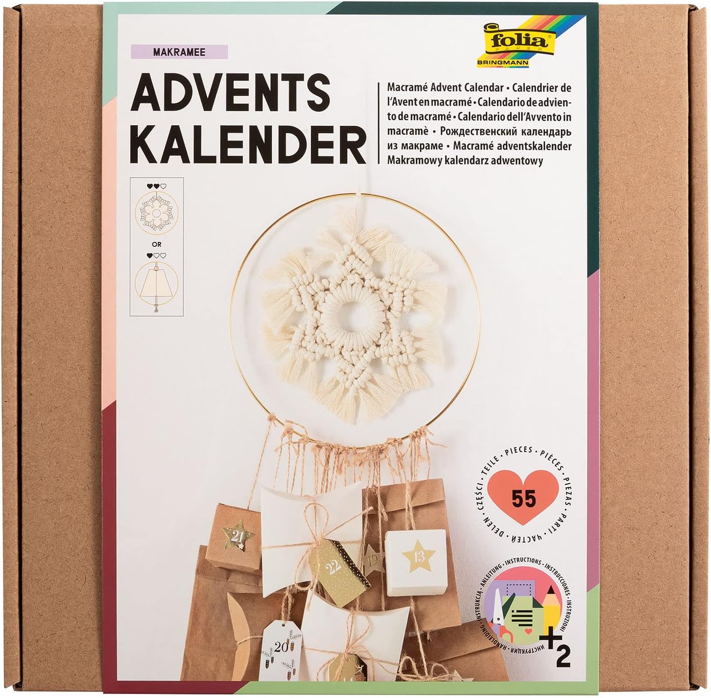 folia 9386 Advent Calendar Set \"Macrame\", 55-Piece DIY Craft Set for Designing an Individual Advent Calendar with Trendy Macrame Element