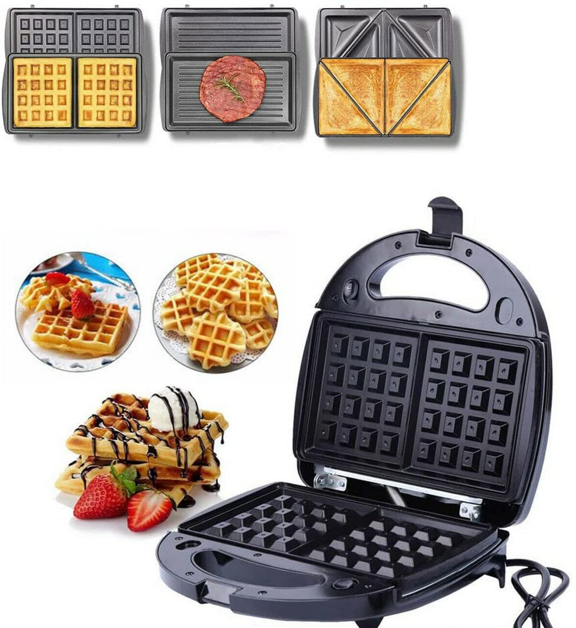 Kaiyijia 3 in 1 Sandwich Maker, Waffle Iron, Sandwich Toaster, Griller, Bubble, Waffle Iron, 750 W Panini Grill with 3 Non-Stick Coating, Removable Plates