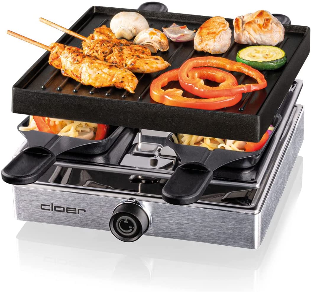 Cloer 6454 Raclette Grill Die-Cast Plate 750 W 4 Non-Stick Raclette Pans Pl