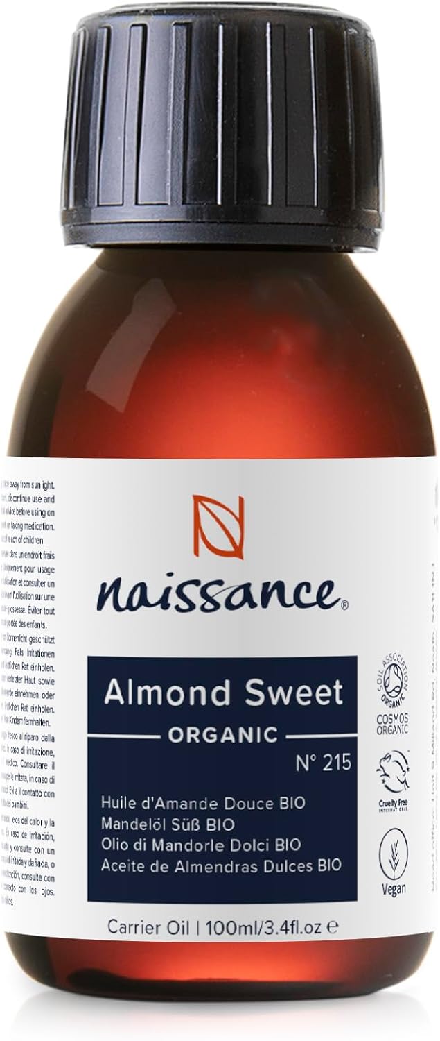 Naissance Organic Sweet Almond Oil (no. 215) 100ml - Pure & Natural, Certified Organic, Cold Pressed, Vegan, Hexane Free & No GMO
